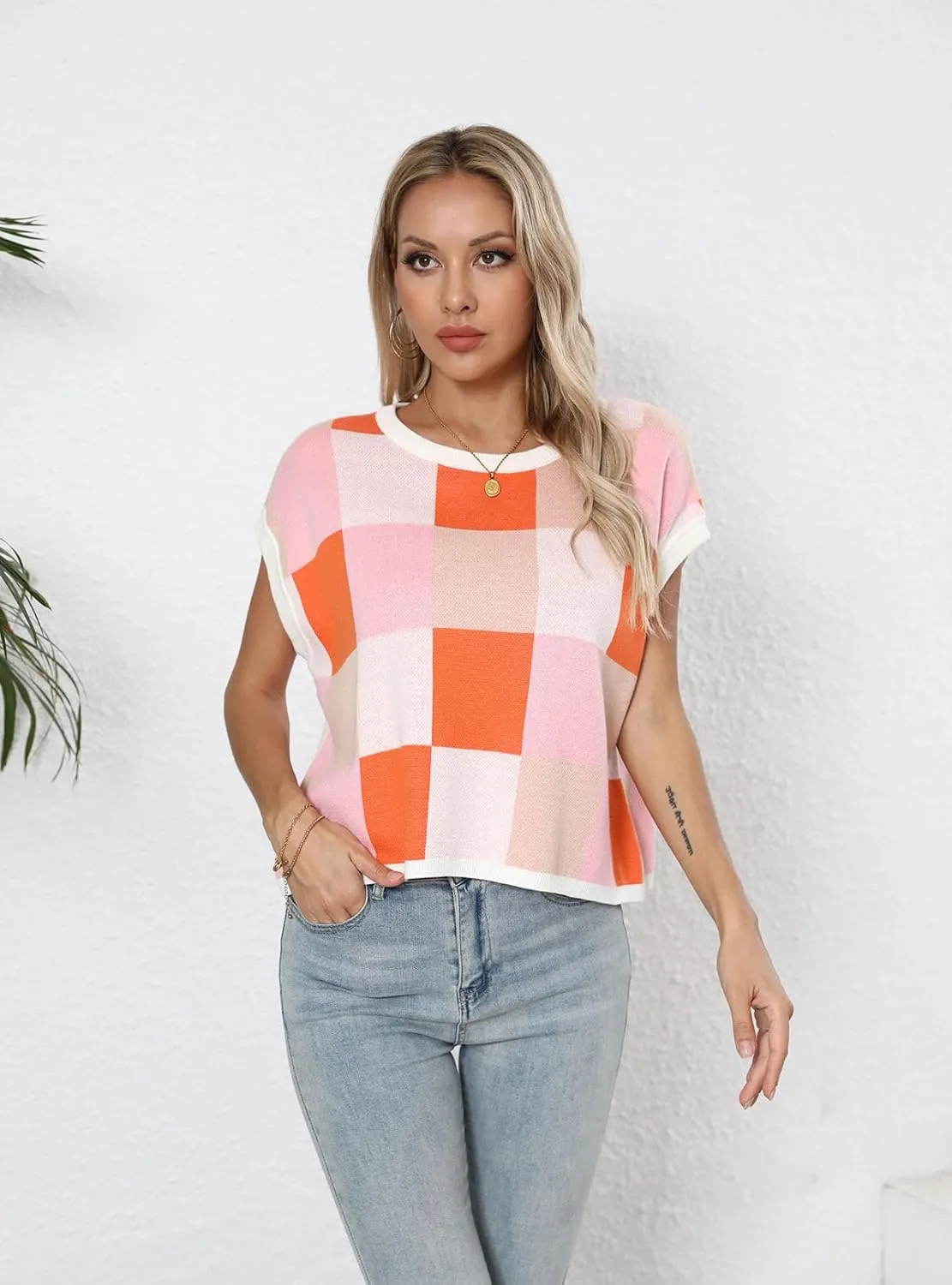 IRISGOD Womens Cap Sleeve Knit Tops Summer Short Sleeve Sweater Vest Color Block Crop T-Shirts