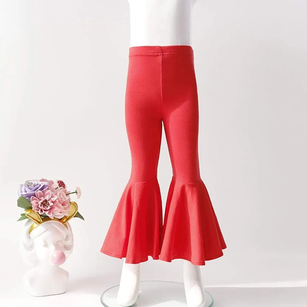 IWEMEK Toddler Baby Girls Ruffle Leggings Bell Bottom Flare Pants Cotton Long High Waist Solid Stretch Yoga Trousers Outfits