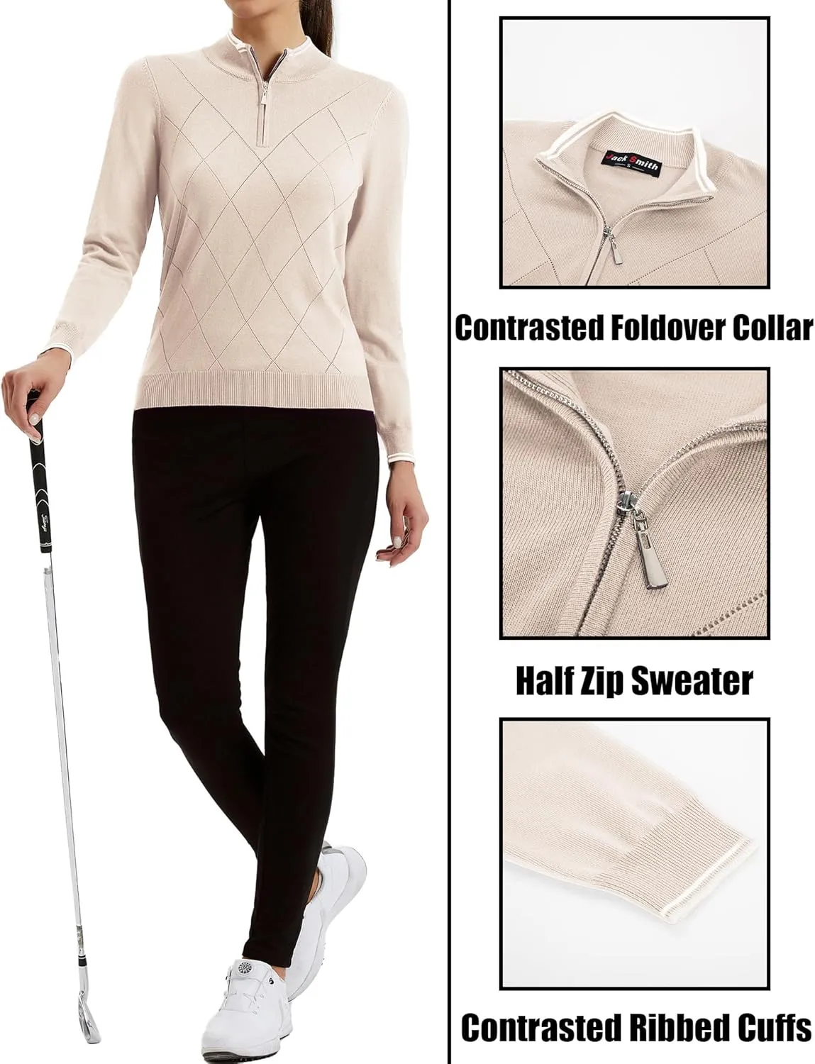 JACK SMITH Pullover Sweaters for Women Long Sleeve Argyle Quarter Zipper Collar Polo Sweater Ribbed Knit Golf Tops