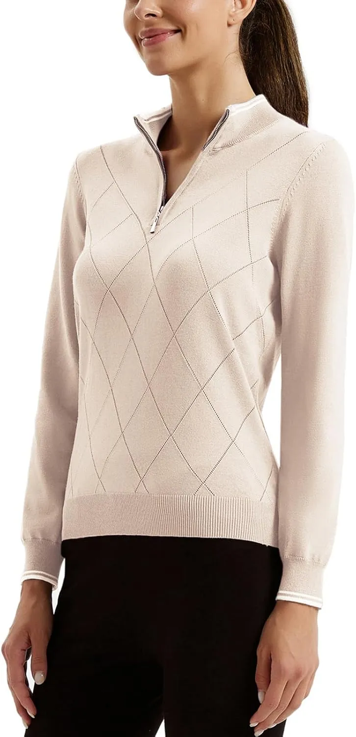 JACK SMITH Pullover Sweaters for Women Long Sleeve Argyle Quarter Zipper Collar Polo Sweater Ribbed Knit Golf Tops
