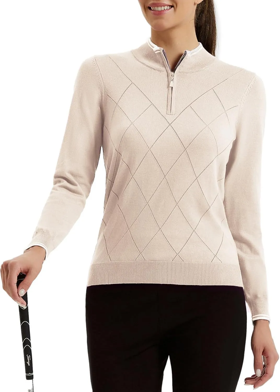 JACK SMITH Pullover Sweaters for Women Long Sleeve Argyle Quarter Zipper Collar Polo Sweater Ribbed Knit Golf Tops