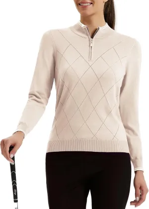 JACK SMITH Pullover Sweaters for Women Long Sleeve Argyle Quarter Zipper Collar Polo Sweater Ribbed Knit Golf Tops