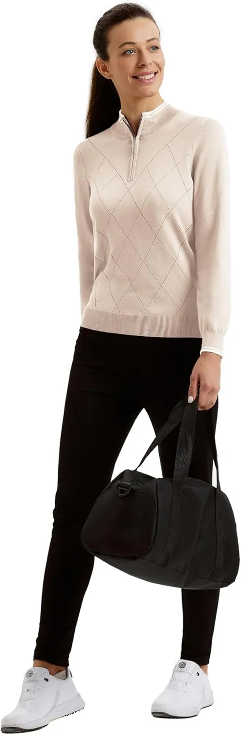 JACK SMITH Pullover Sweaters for Women Long Sleeve Argyle Quarter Zipper Collar Polo Sweater Ribbed Knit Golf Tops