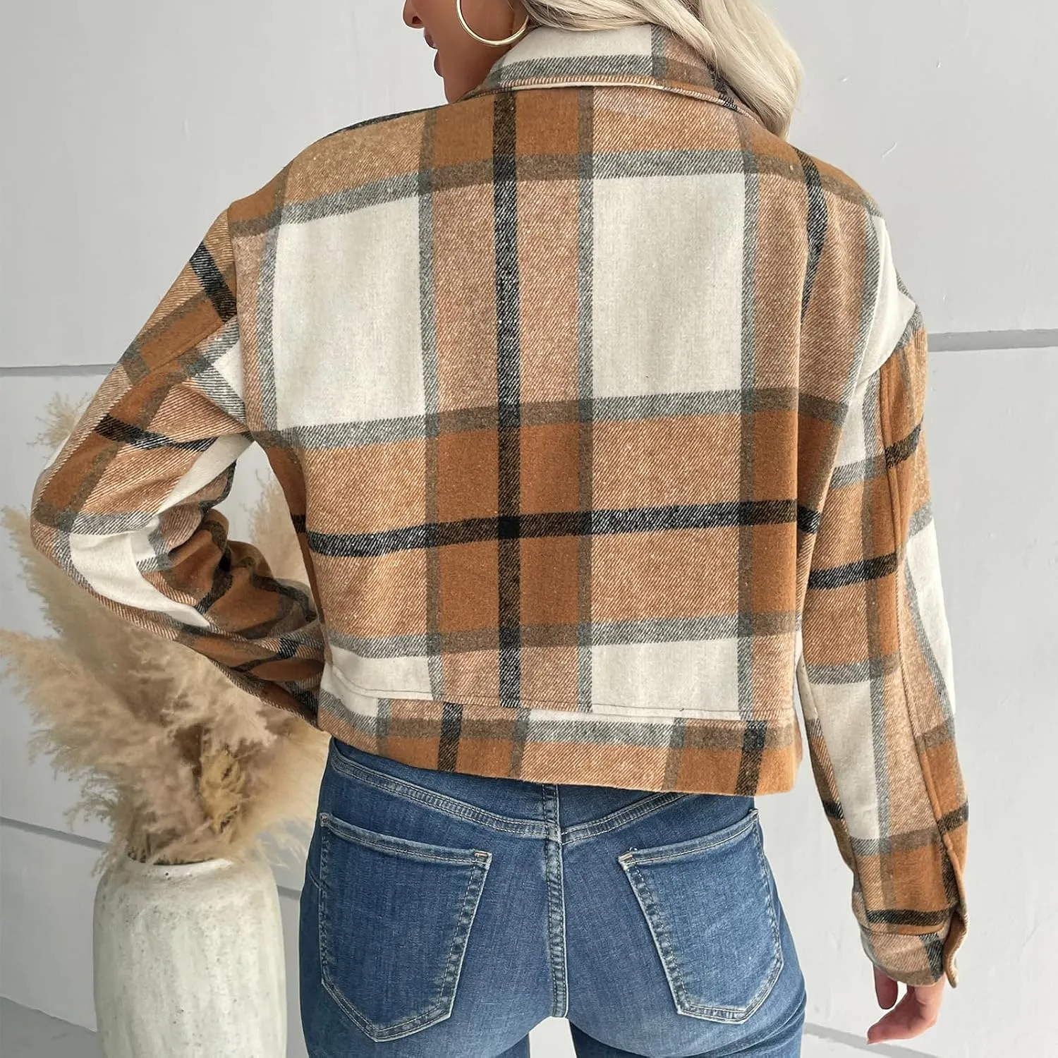 Jade Hare Pea Coat for Women Plaid Shackets Jacket Long Sleeve Peacoat Shirt Casual Lapel Button Down Flannel Trench Coats