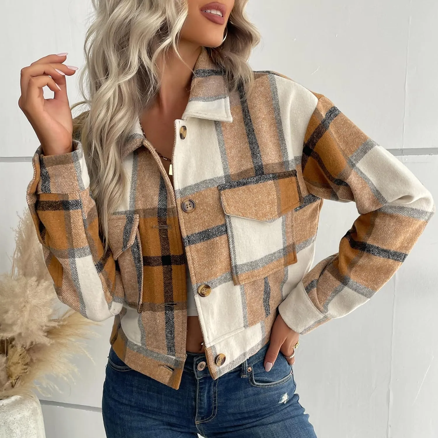 Jade Hare Pea Coat for Women Plaid Shackets Jacket Long Sleeve Peacoat Shirt Casual Lapel Button Down Flannel Trench Coats