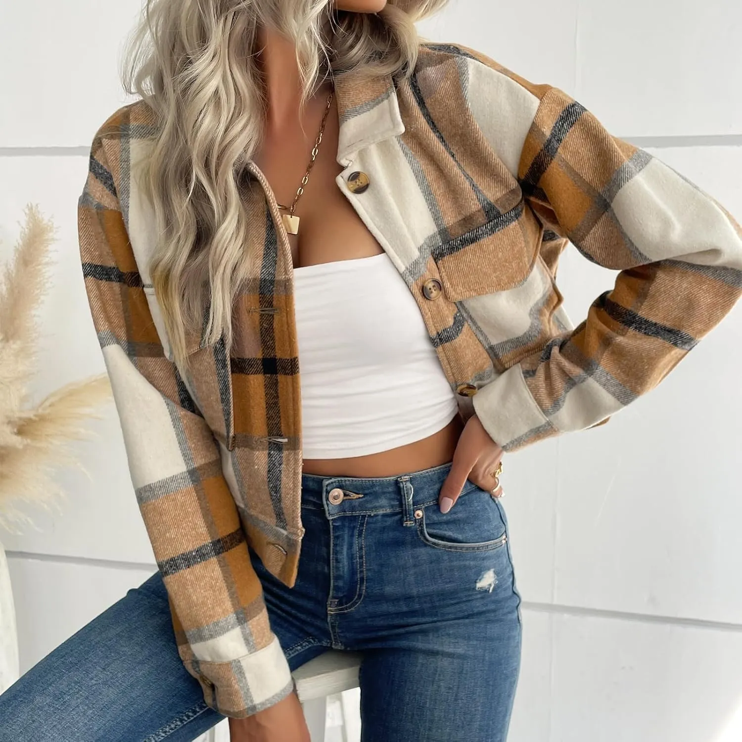 Jade Hare Pea Coat for Women Plaid Shackets Jacket Long Sleeve Peacoat Shirt Casual Lapel Button Down Flannel Trench Coats