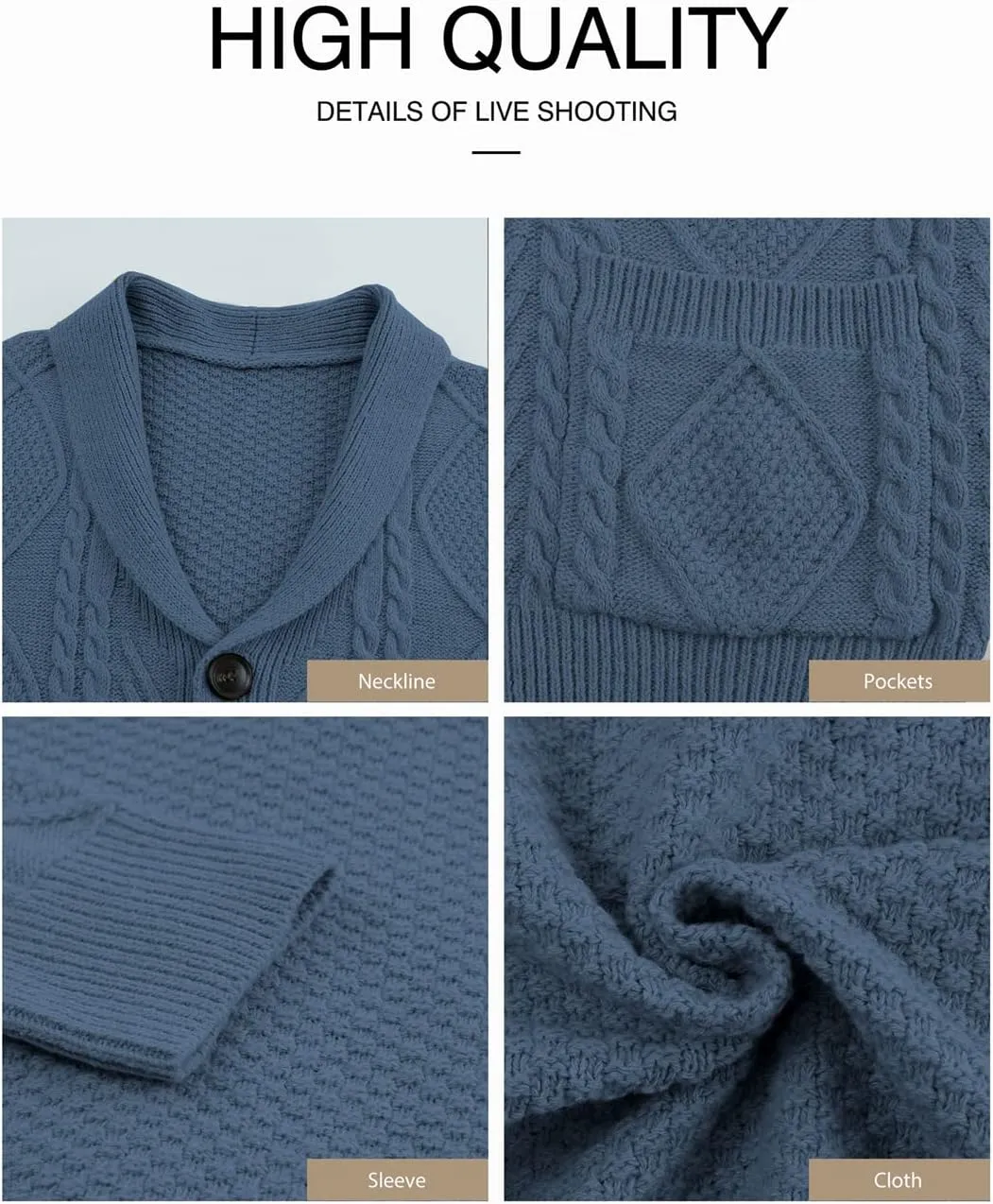 JMIERR Men's Casual Long Sleeve Shawl Collar Buttons Down Cable Knit Cardigan Sweater with Pockets