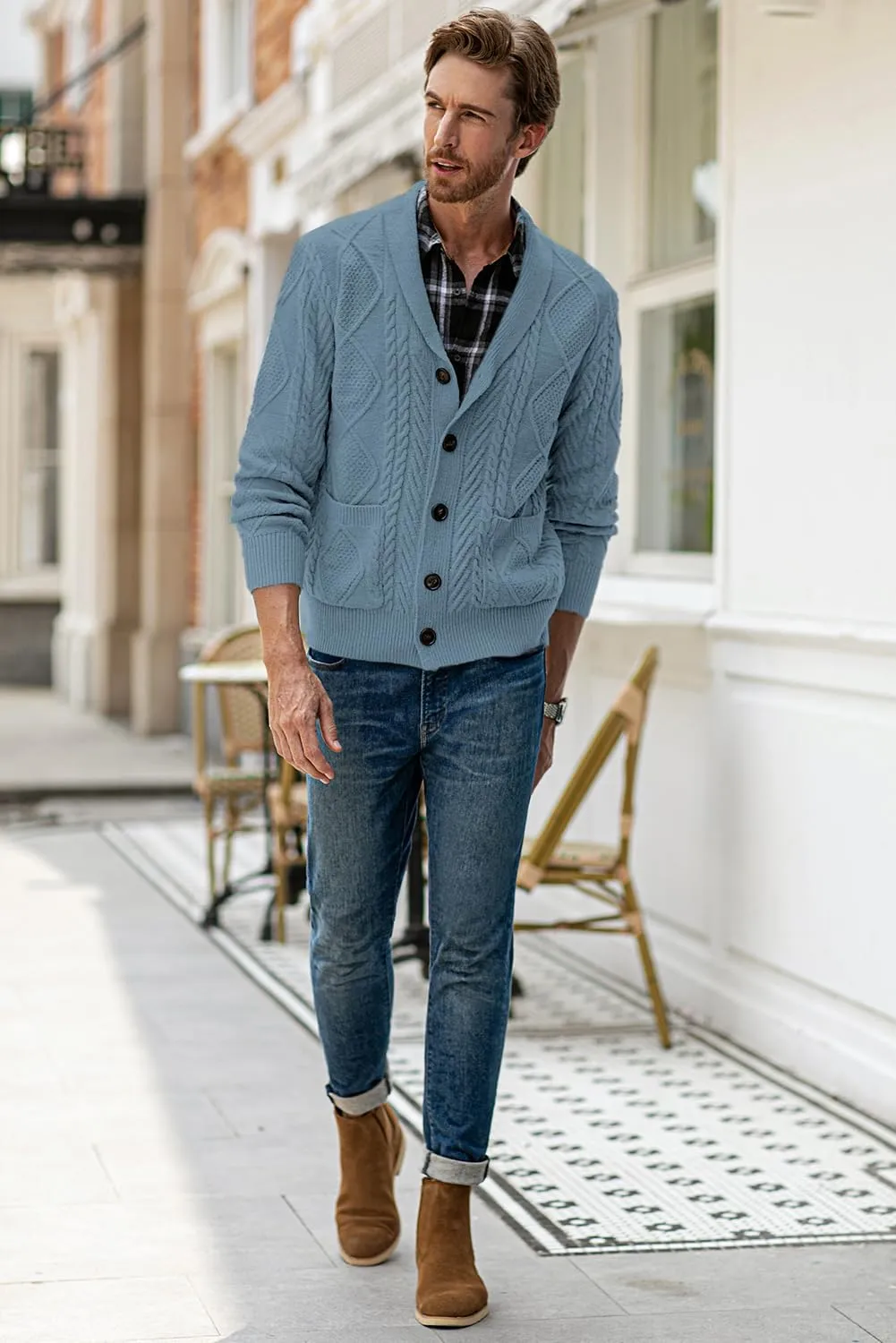 JMIERR Men's Casual Long Sleeve Shawl Collar Buttons Down Cable Knit Cardigan Sweater with Pockets