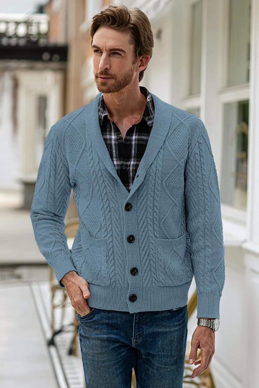 JMIERR Men's Casual Long Sleeve Shawl Collar Buttons Down Cable Knit Cardigan Sweater with Pockets