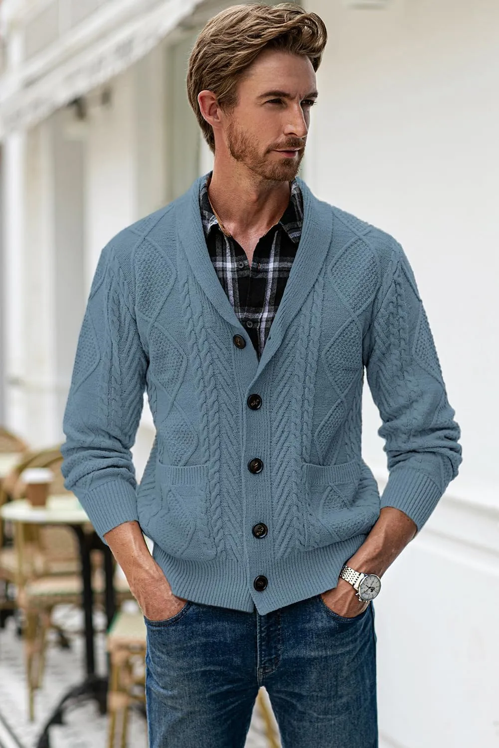 JMIERR Men's Casual Long Sleeve Shawl Collar Buttons Down Cable Knit Cardigan Sweater with Pockets