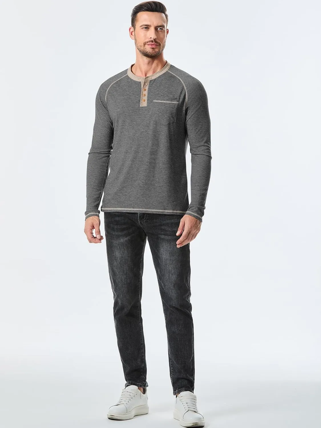 JMIERR Men's Henley Long/Short Sleeve T-Shirt Stretch Cotton Casual Pullover Tee Shirts with Pockets