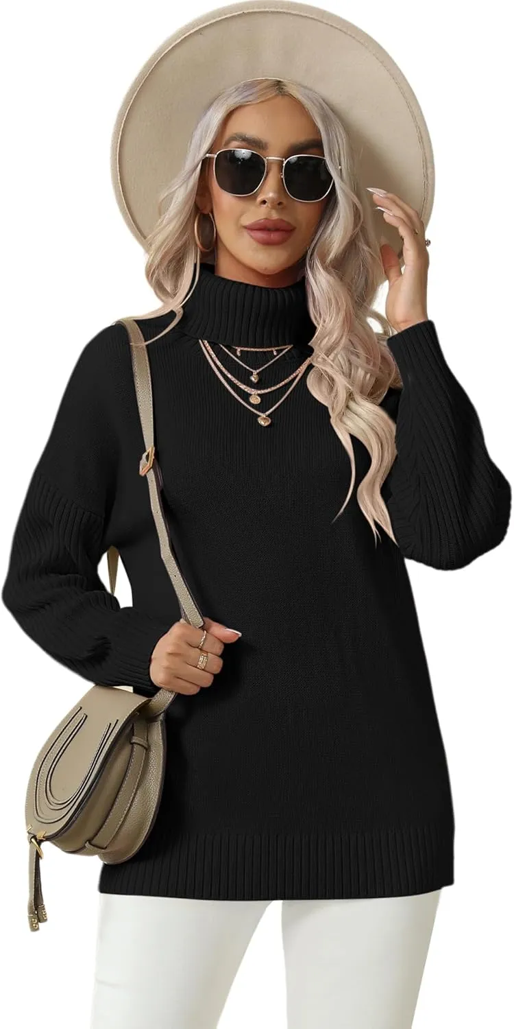 Jouica Women 2024 Fall Casual Turtleneck Batwing Sleeve Chunky Oversized Ribbed Knit Tunic Sweaters Pullover