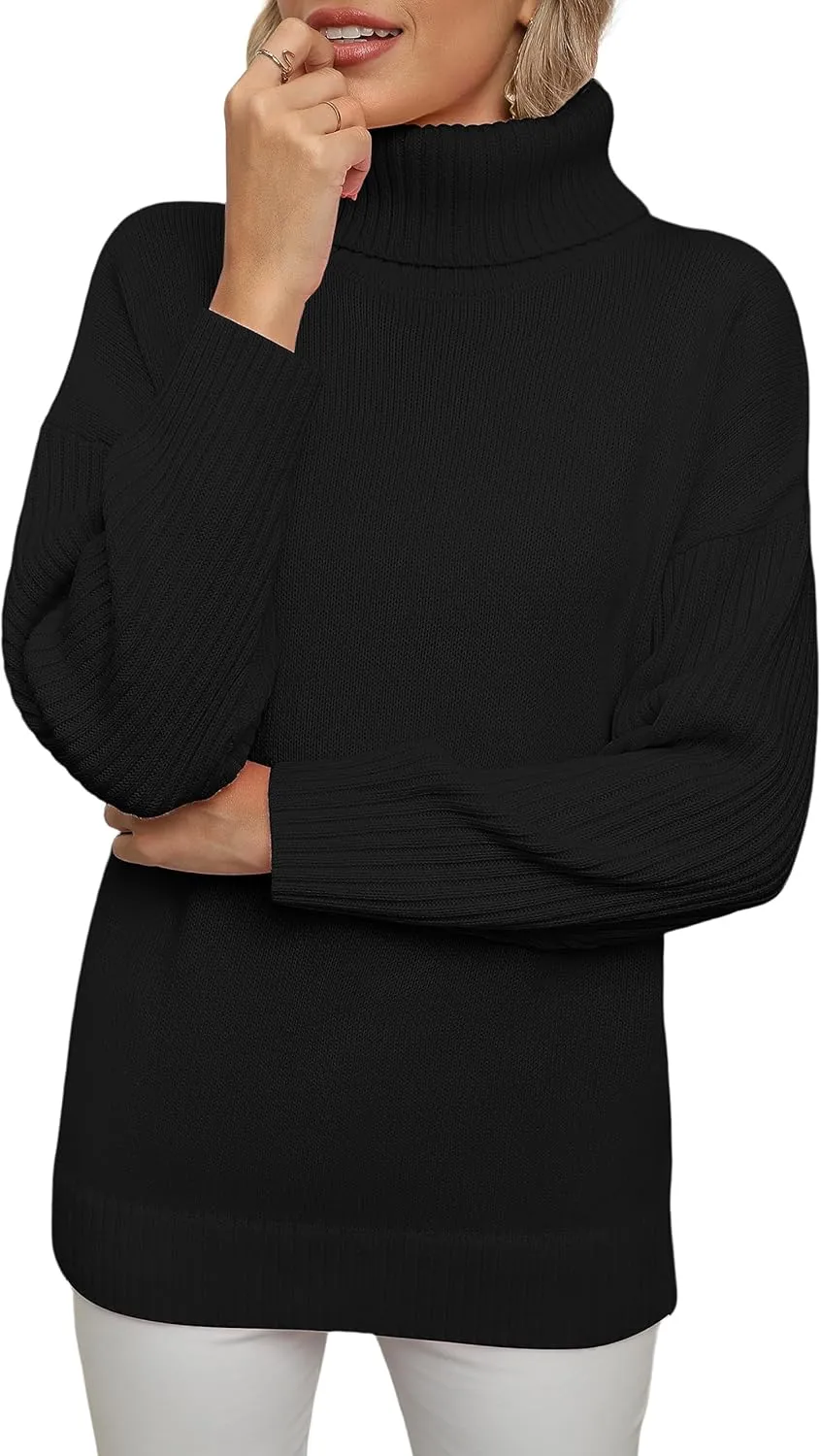 Jouica Women 2024 Fall Casual Turtleneck Batwing Sleeve Chunky Oversized Ribbed Knit Tunic Sweaters Pullover