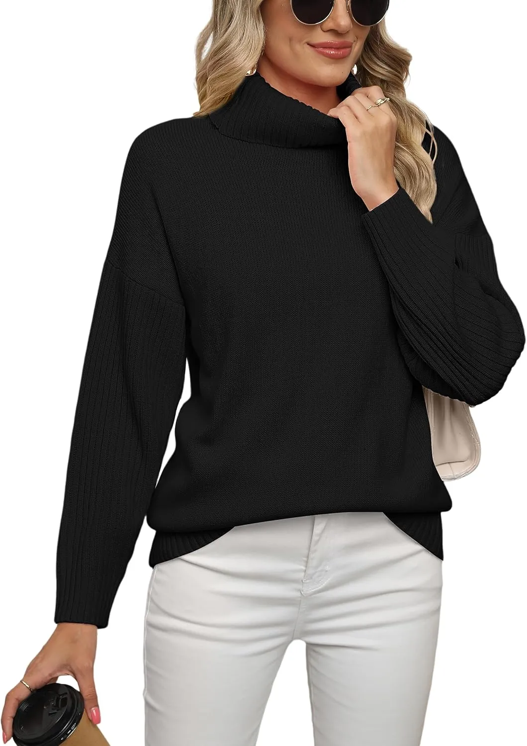 Jouica Women 2024 Fall Casual Turtleneck Batwing Sleeve Chunky Oversized Ribbed Knit Tunic Sweaters Pullover