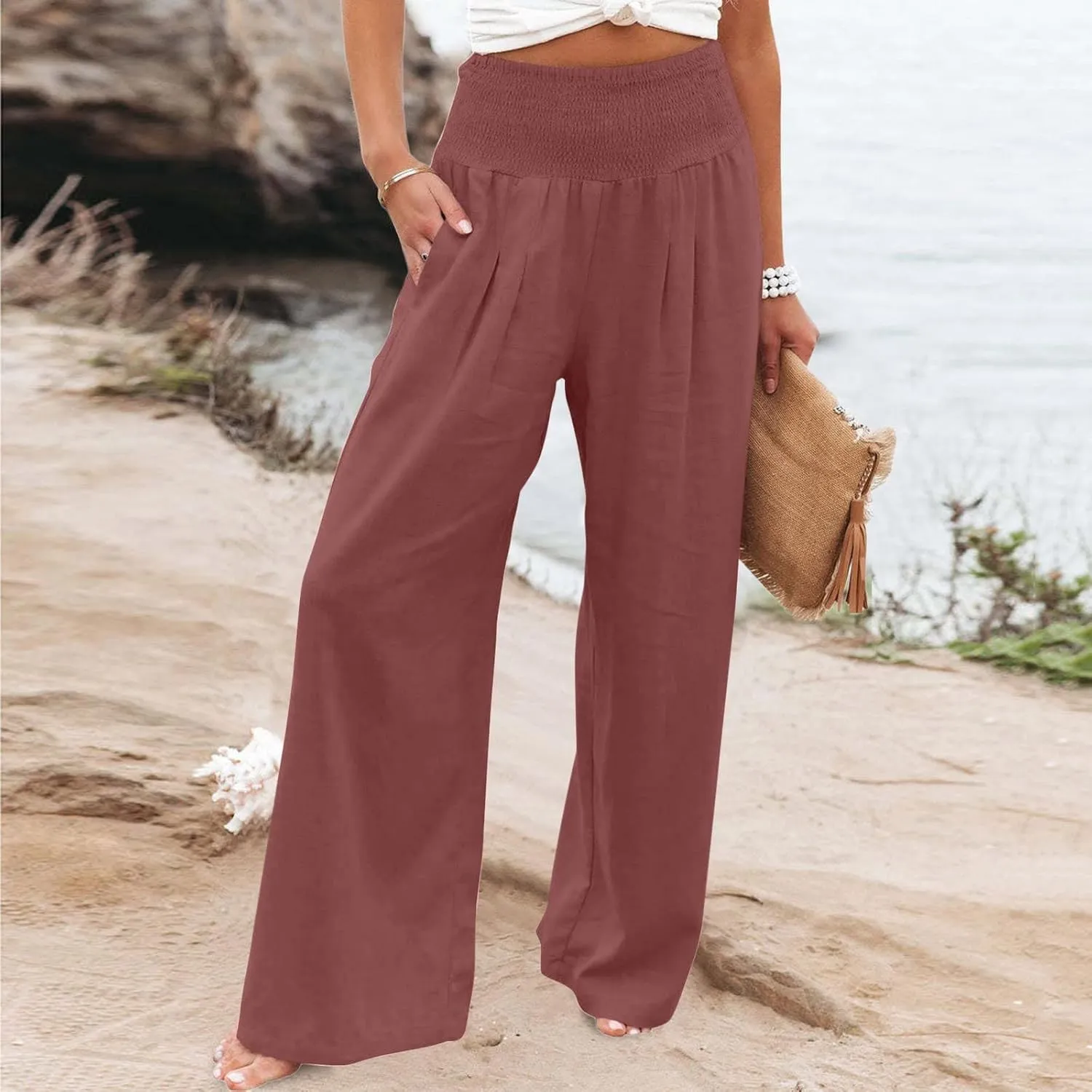 jsaierl Women Linen Wide Leg Pants Casual Summer Palazzo Pants Loose Flowy Beach Pants Vacation Travel Trousers with Pockets