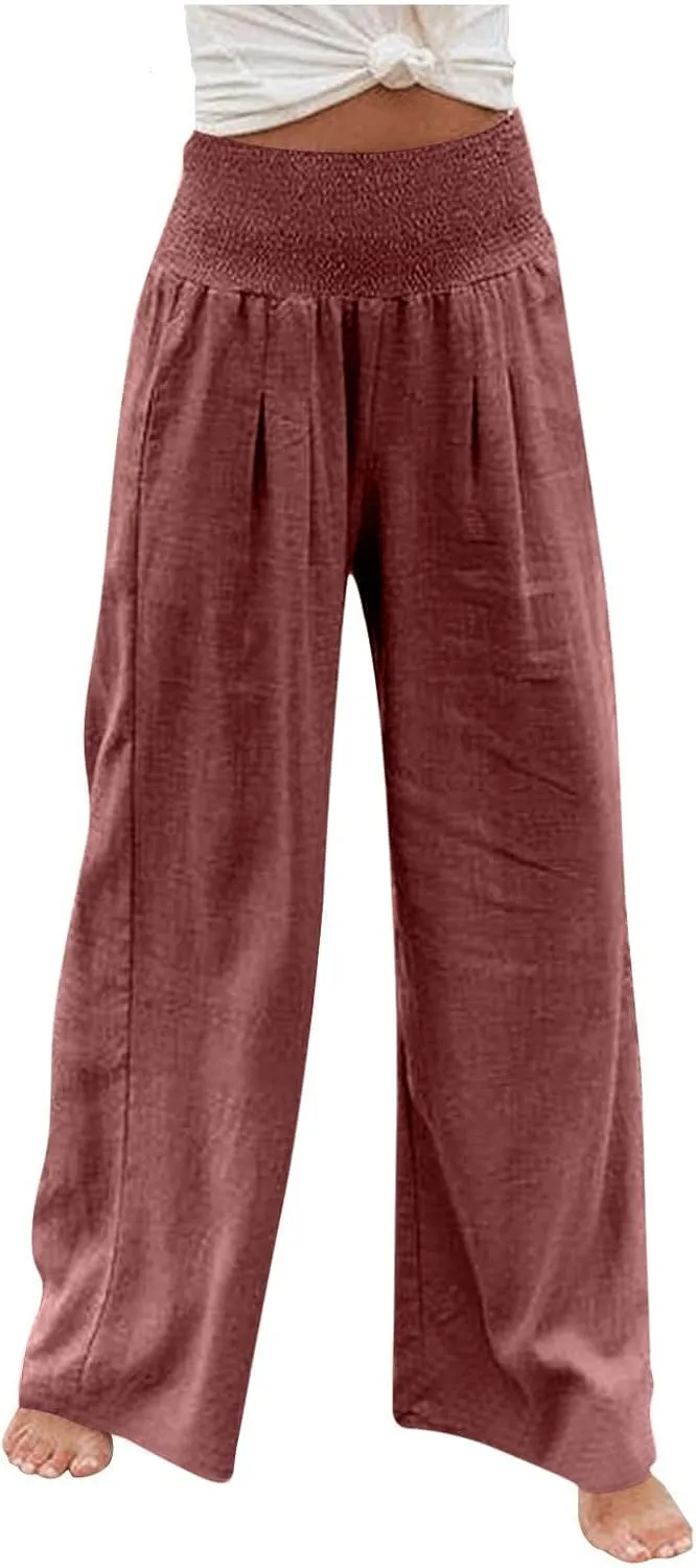 jsaierl Women Linen Wide Leg Pants Casual Summer Palazzo Pants Loose Flowy Beach Pants Vacation Travel Trousers with Pockets