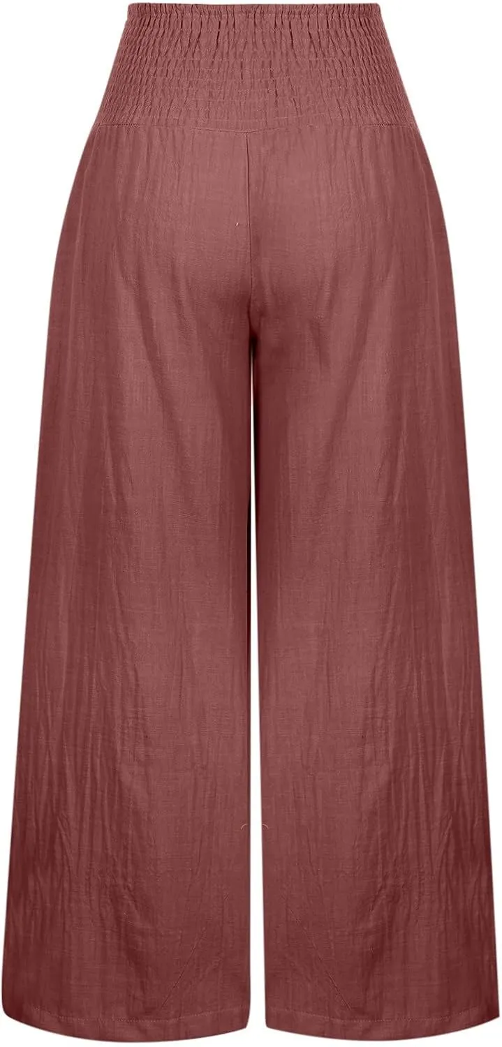jsaierl Women Linen Wide Leg Pants Casual Summer Palazzo Pants Loose Flowy Beach Pants Vacation Travel Trousers with Pockets