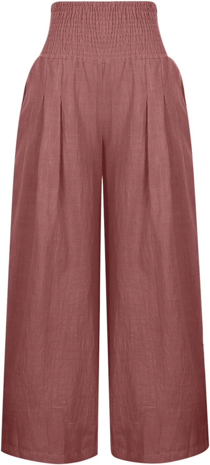 jsaierl Women Linen Wide Leg Pants Casual Summer Palazzo Pants Loose Flowy Beach Pants Vacation Travel Trousers with Pockets