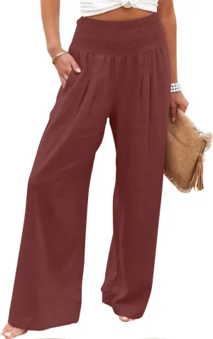 jsaierl Women Linen Wide Leg Pants Casual Summer Palazzo Pants Loose Flowy Beach Pants Vacation Travel Trousers with Pockets