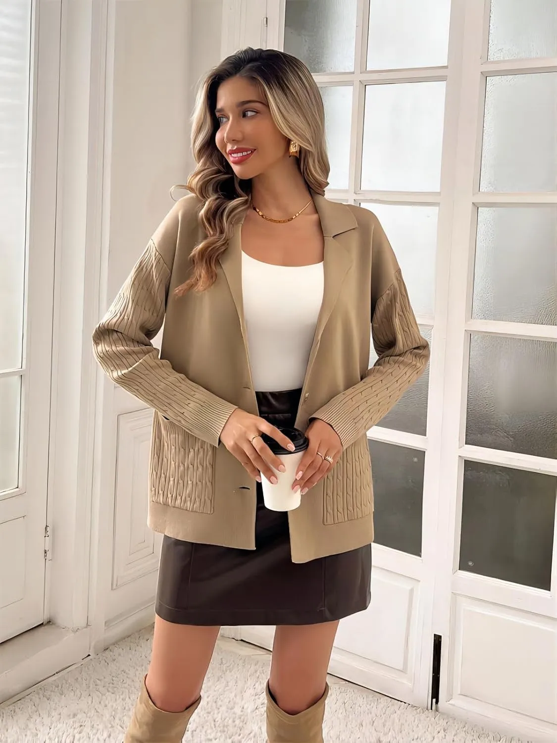 Kate Kasin Women Sweater Blazer Casual Office Business Work Jacket Knit Blazer Sweater Coat S-2xl