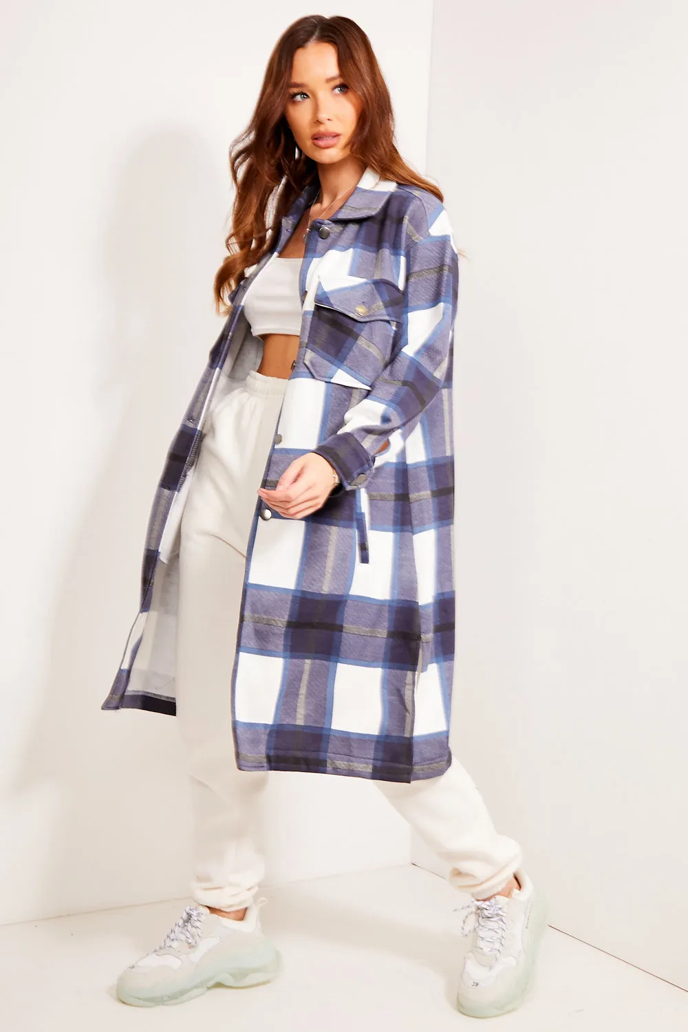 Katie Blue Check Oversized Longline Shacket
