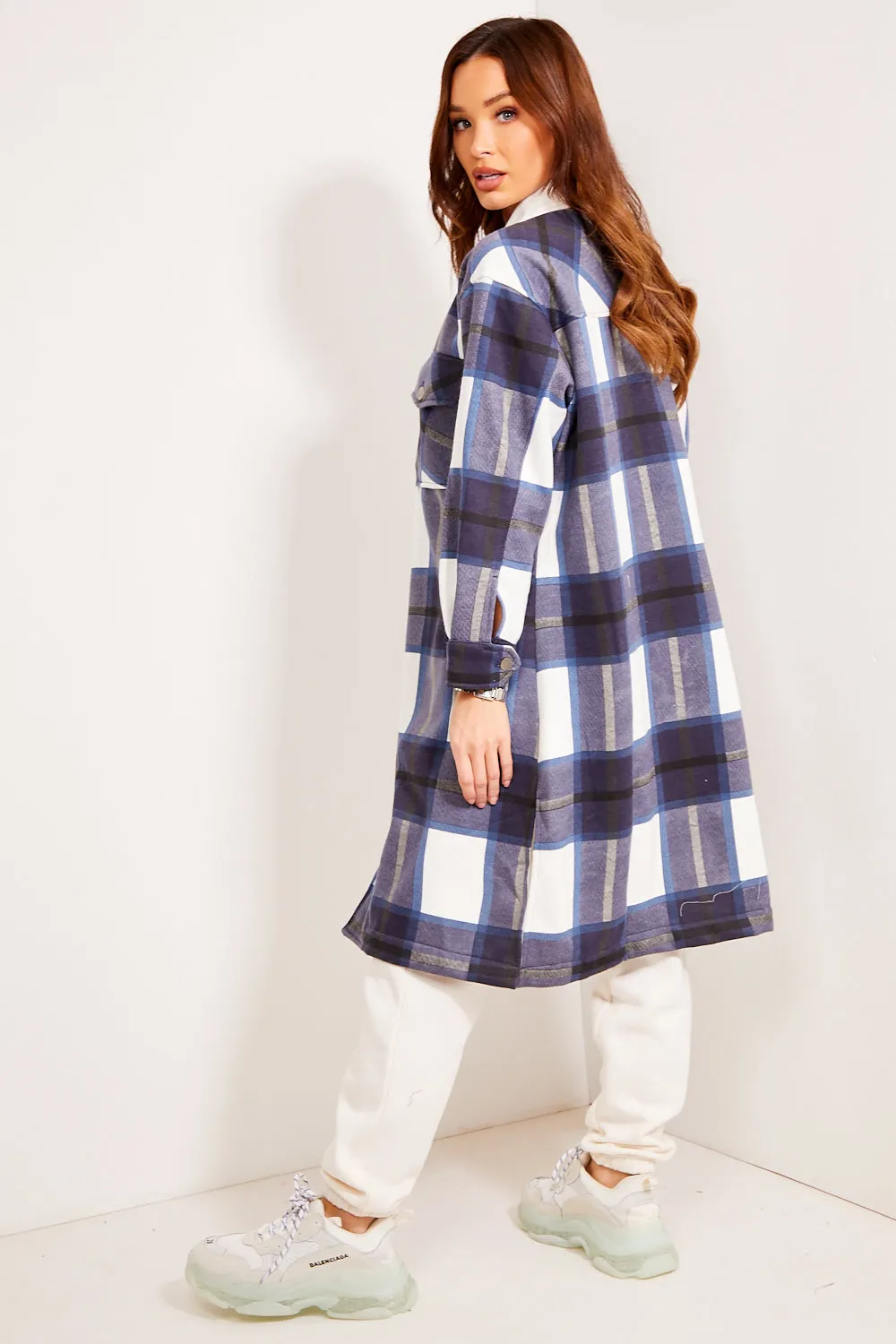 Katie Blue Check Oversized Longline Shacket