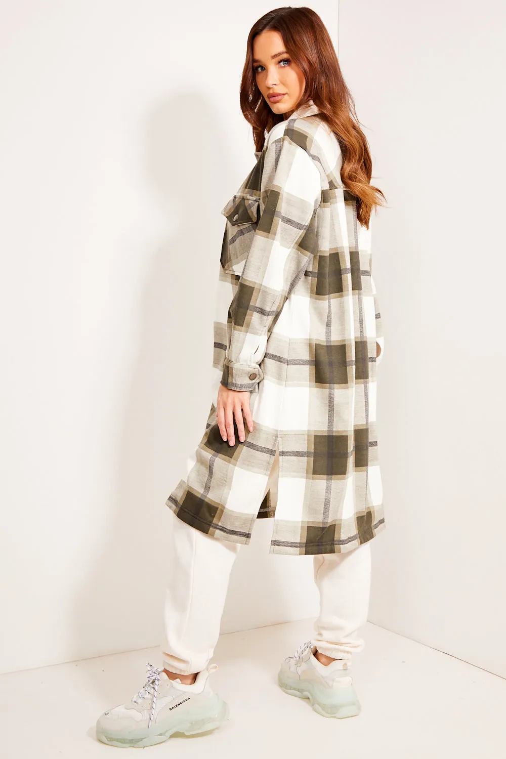 Katie Khaki Check Oversized Longline Shacket