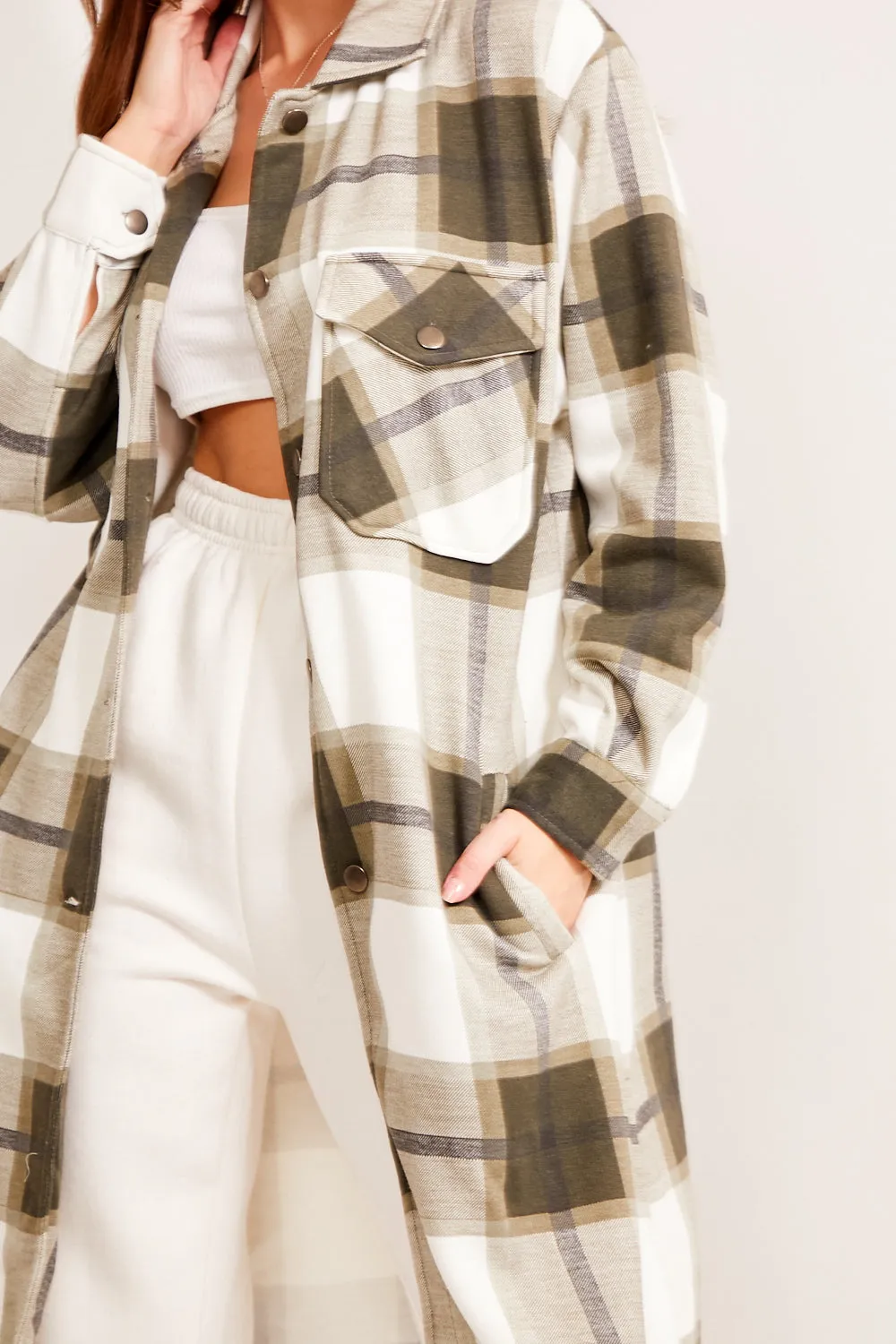 Katie Khaki Check Oversized Longline Shacket