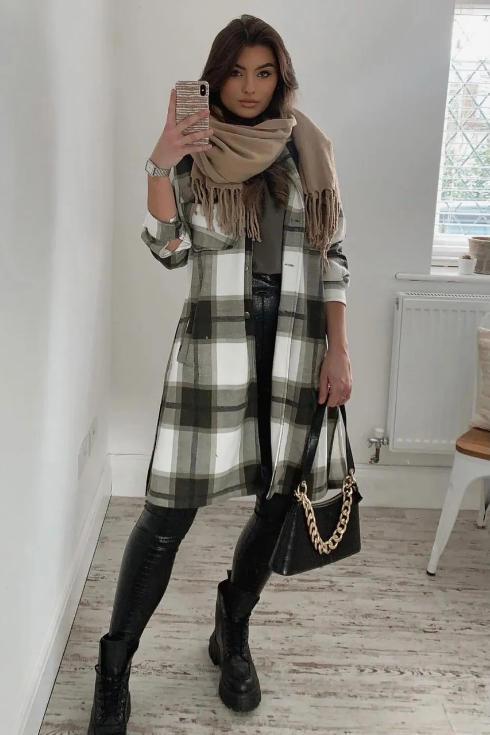 Katie Khaki Check Oversized Longline Shacket