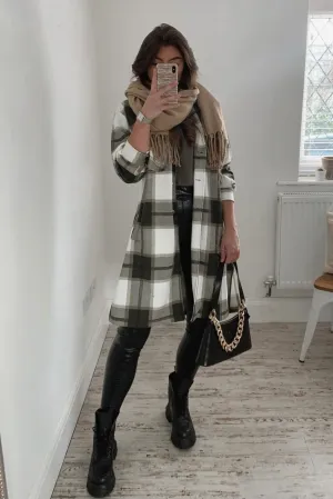 Katie Khaki Check Oversized Longline Shacket
