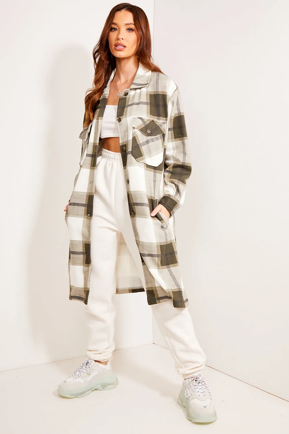 Katie Khaki Check Oversized Longline Shacket