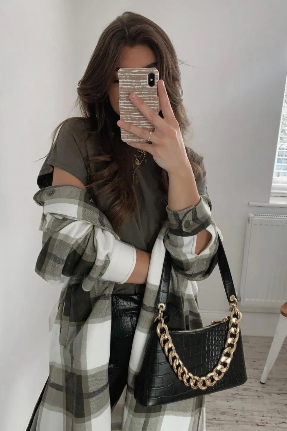 Katie Khaki Check Oversized Longline Shacket