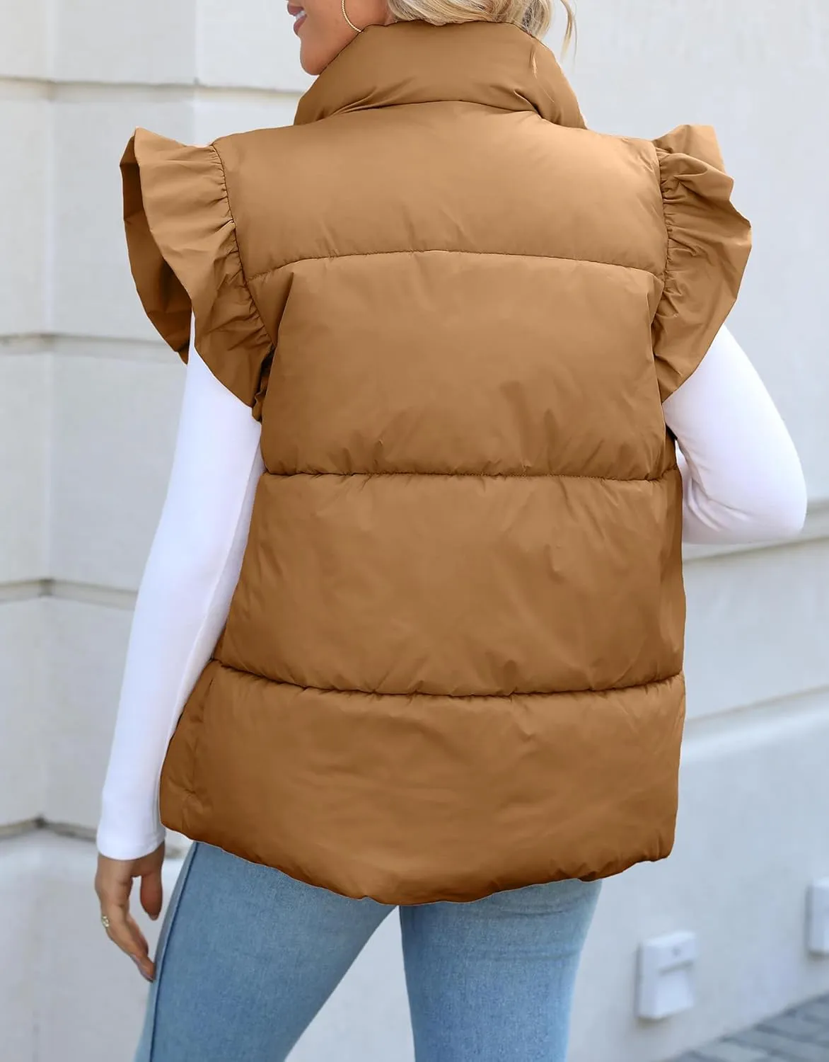 Kedera Women's Ruffle Sleeve Puffy Puffer Vests Winter Button Down Padded Gilet with Pocket