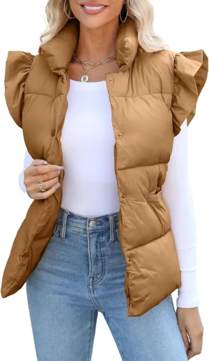 Kedera Women's Ruffle Sleeve Puffy Puffer Vests Winter Button Down Padded Gilet with Pocket