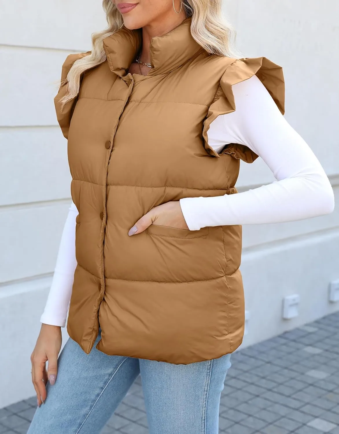 Kedera Women's Ruffle Sleeve Puffy Puffer Vests Winter Button Down Padded Gilet with Pocket