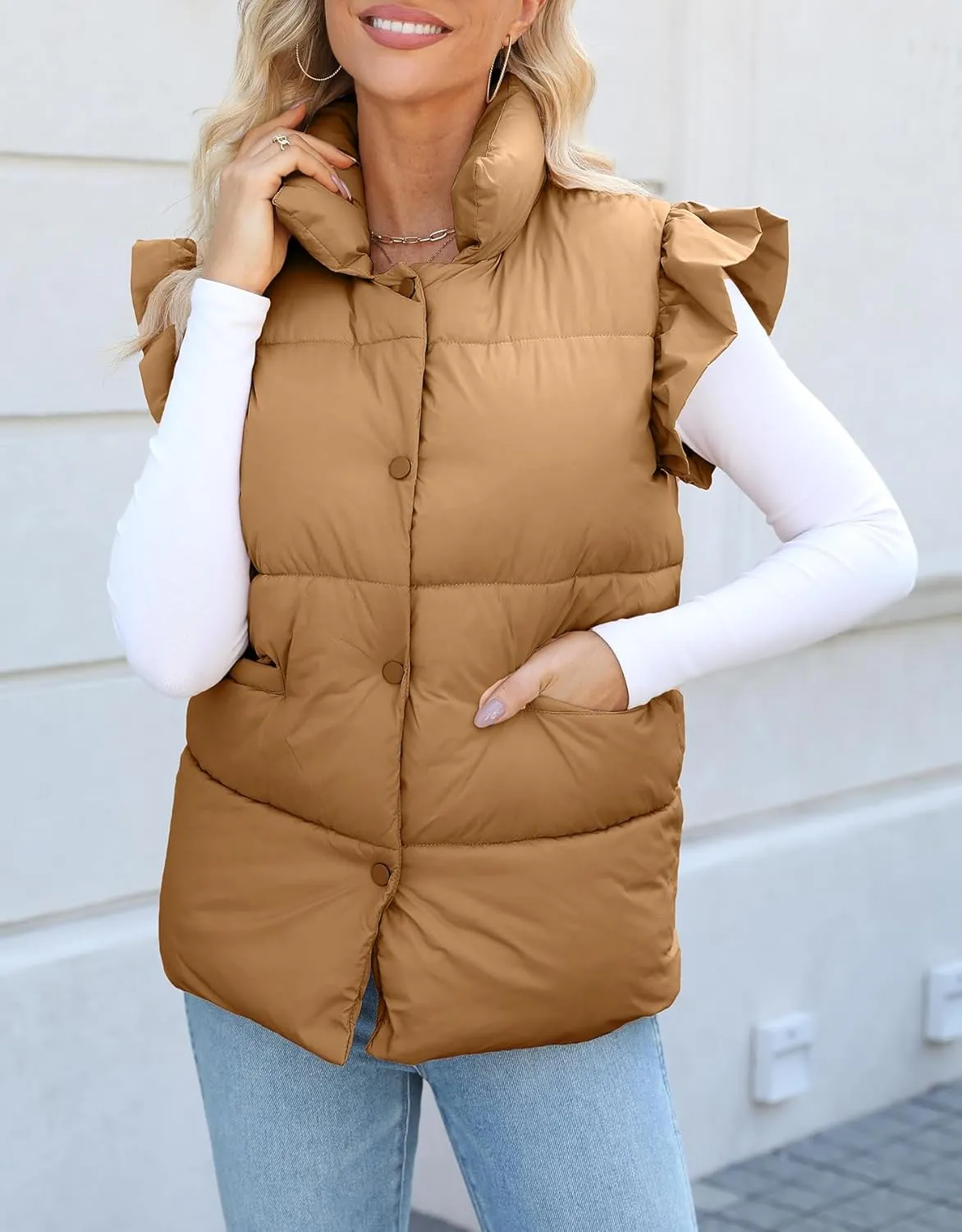Kedera Women's Ruffle Sleeve Puffy Puffer Vests Winter Button Down Padded Gilet with Pocket