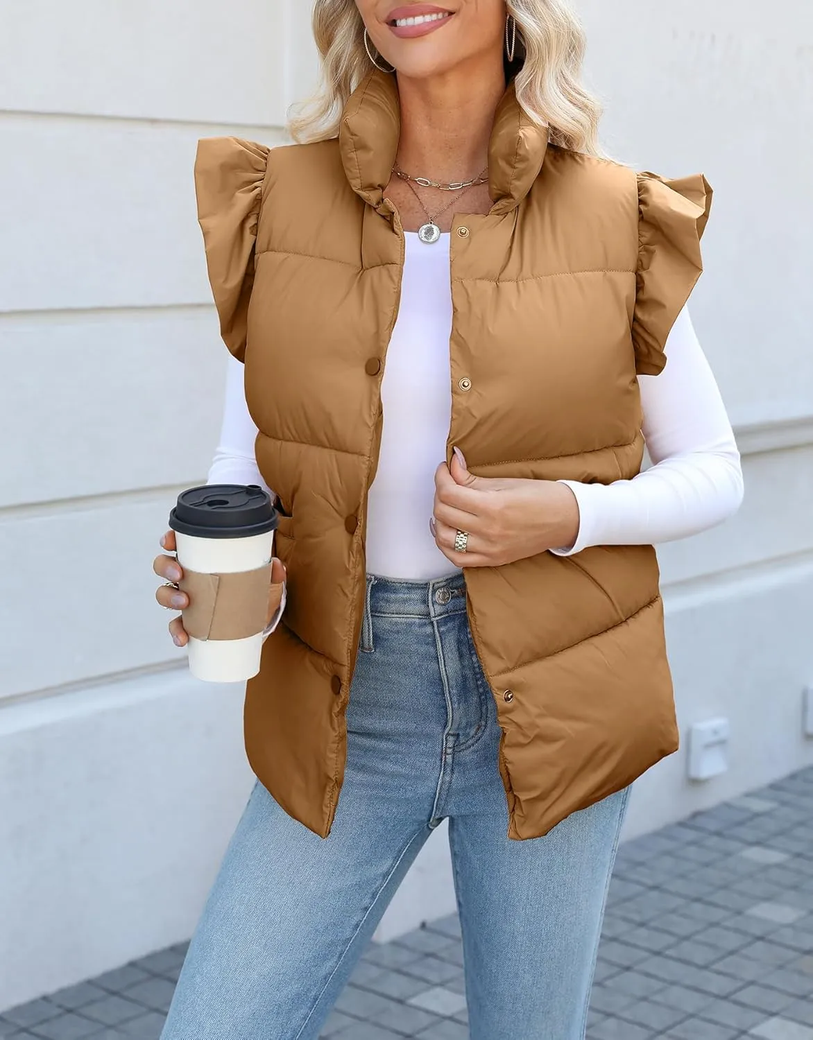 Kedera Women's Ruffle Sleeve Puffy Puffer Vests Winter Button Down Padded Gilet with Pocket