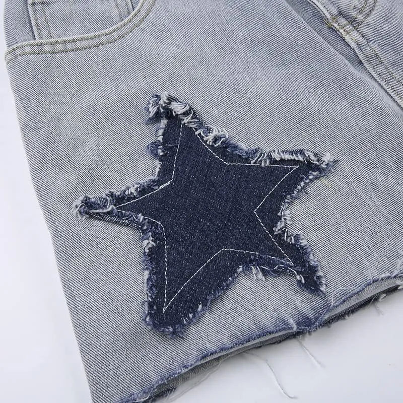 Kelabia Y2K Denim Skirt Preppy Cute Skirt Aesthetic Star Patchwork Skirt High Waisted A Line Skirt Harajuku Grunge Streetwear
