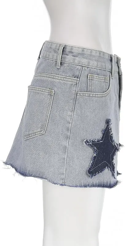 Kelabia Y2K Denim Skirt Preppy Cute Skirt Aesthetic Star Patchwork Skirt High Waisted A Line Skirt Harajuku Grunge Streetwear