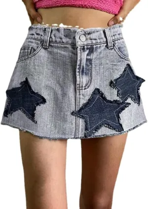 Kelabia Y2K Denim Skirt Preppy Cute Skirt Aesthetic Star Patchwork Skirt High Waisted A Line Skirt Harajuku Grunge Streetwear