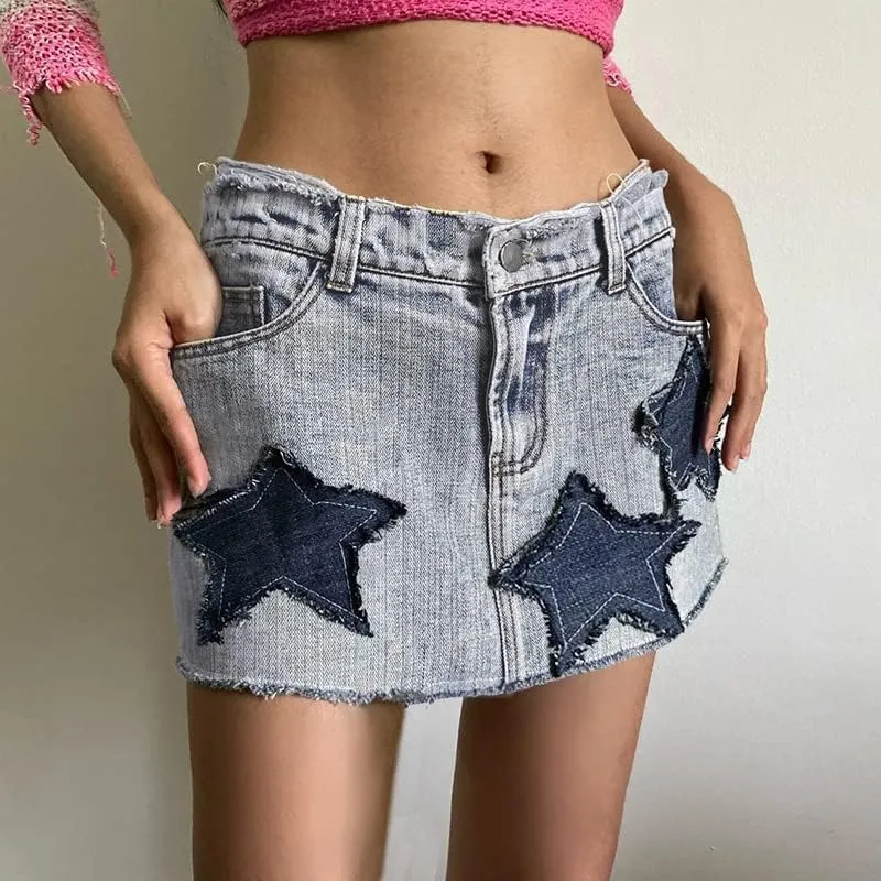 Kelabia Y2K Denim Skirt Preppy Cute Skirt Aesthetic Star Patchwork Skirt High Waisted A Line Skirt Harajuku Grunge Streetwear