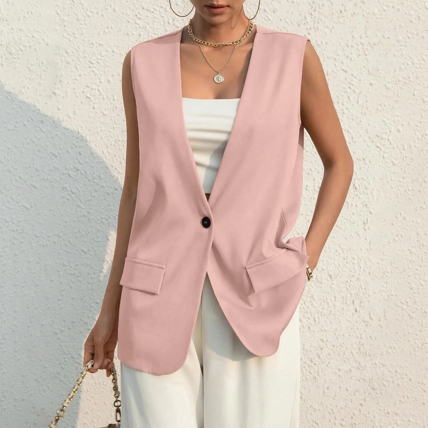 KIKX0DE Women Fall Fashion Sleeveless Blazer Jackets Lightweight Single Button Waistcoat Open Front Work Office Vest Top