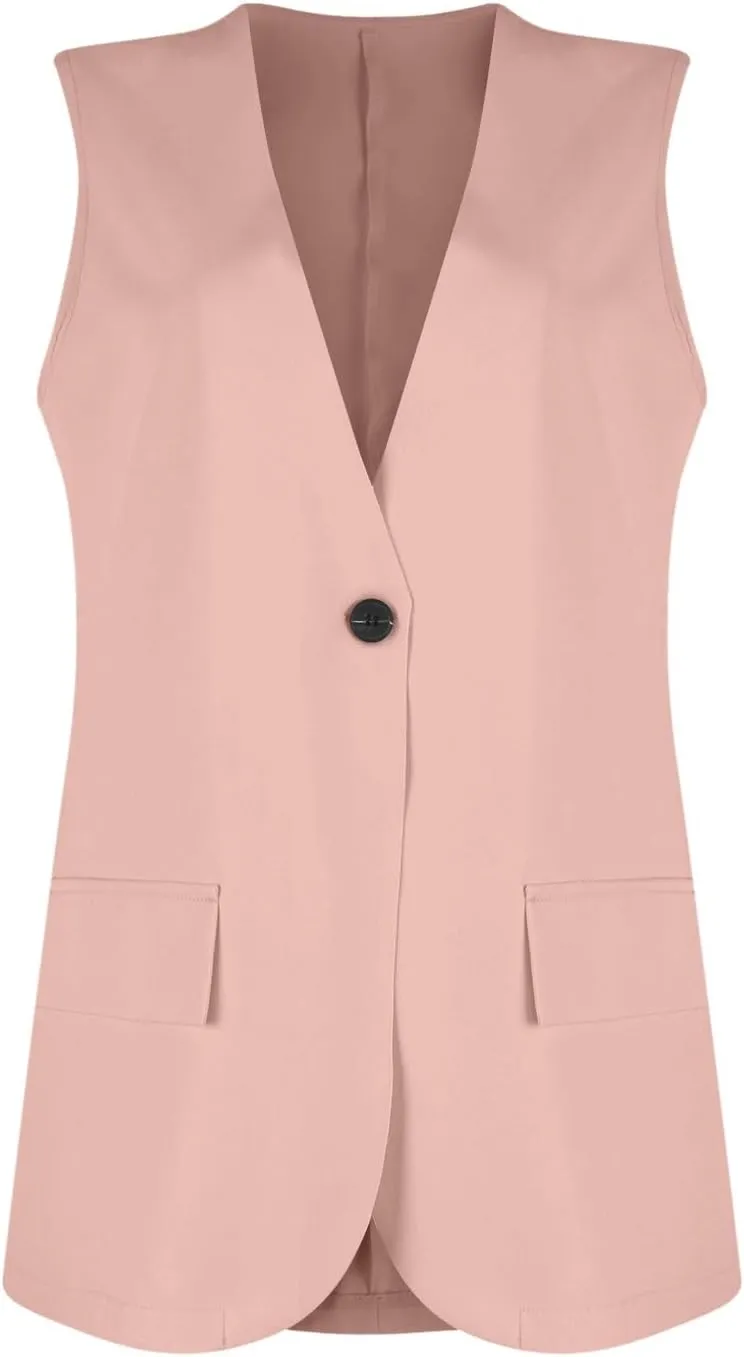 KIKX0DE Women Fall Fashion Sleeveless Blazer Jackets Lightweight Single Button Waistcoat Open Front Work Office Vest Top