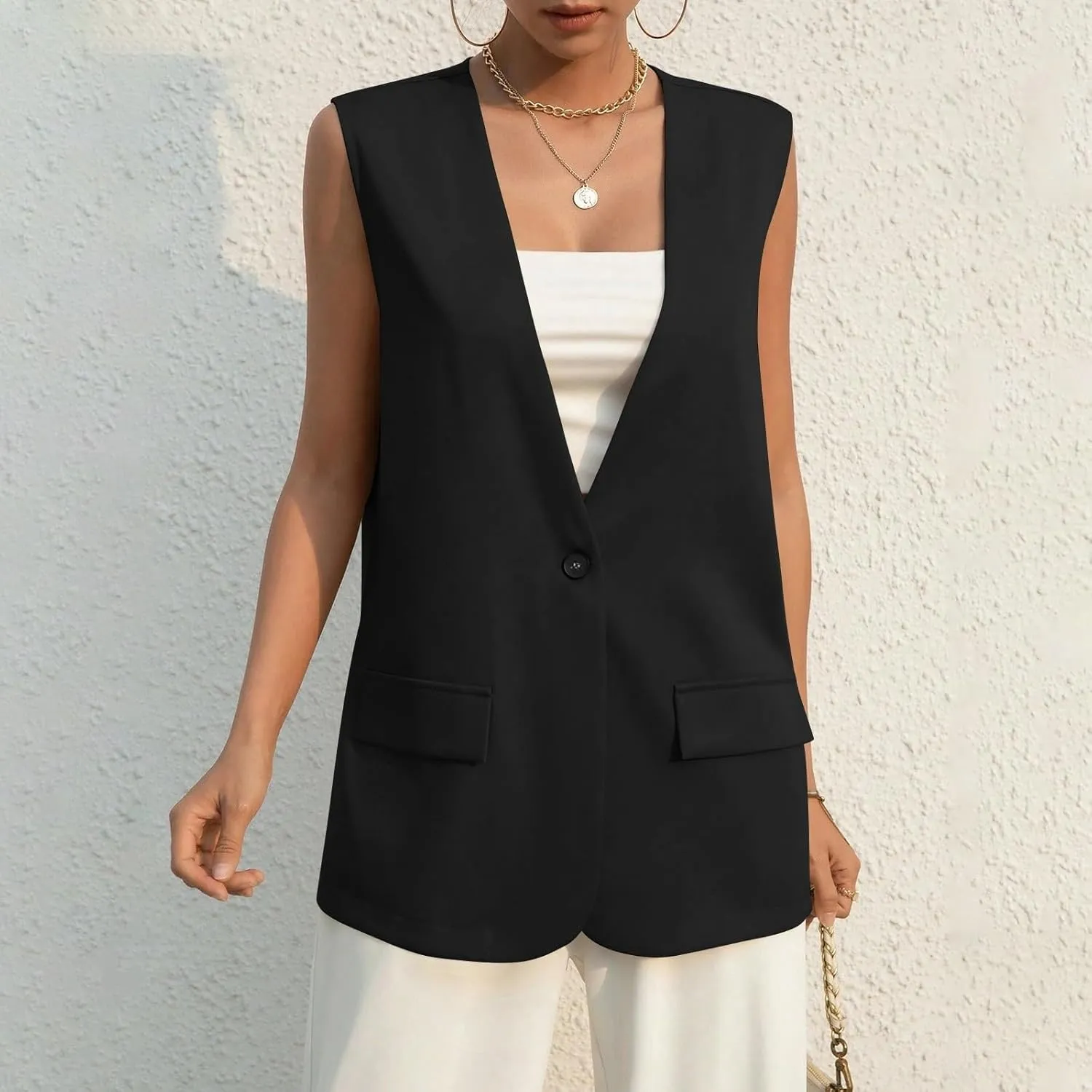 KIKX0DE Women Fall Fashion Sleeveless Blazer Jackets Lightweight Single Button Waistcoat Open Front Work Office Vest Top