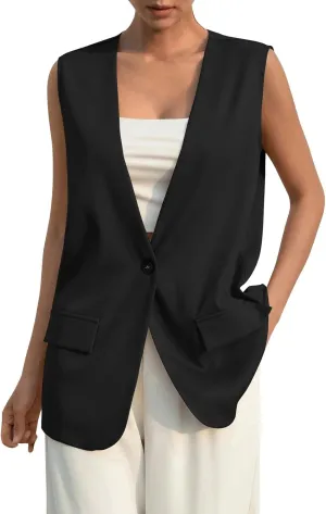 KIKX0DE Women Fall Fashion Sleeveless Blazer Jackets Lightweight Single Button Waistcoat Open Front Work Office Vest Top