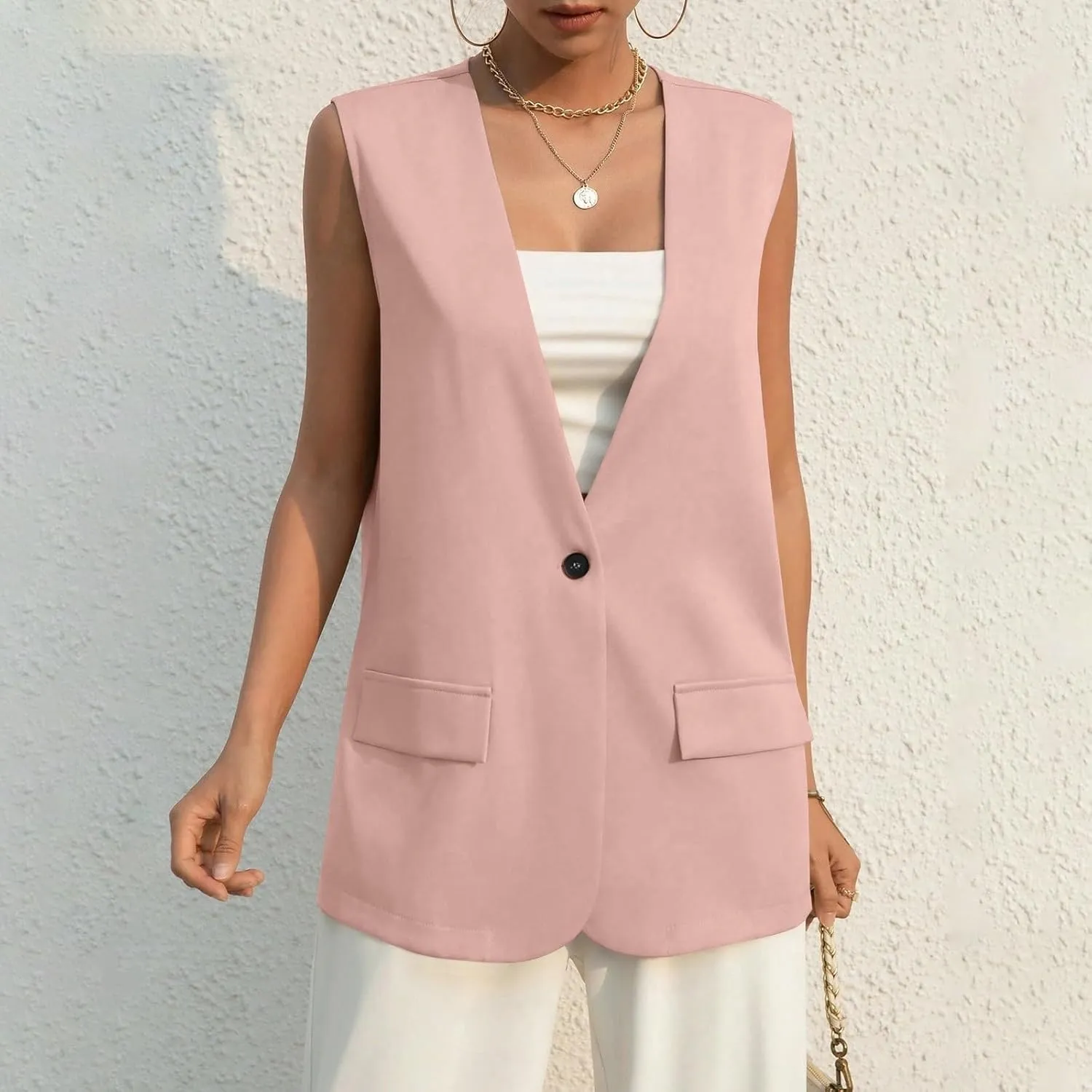 KIKX0DE Women Fall Fashion Sleeveless Blazer Jackets Lightweight Single Button Waistcoat Open Front Work Office Vest Top