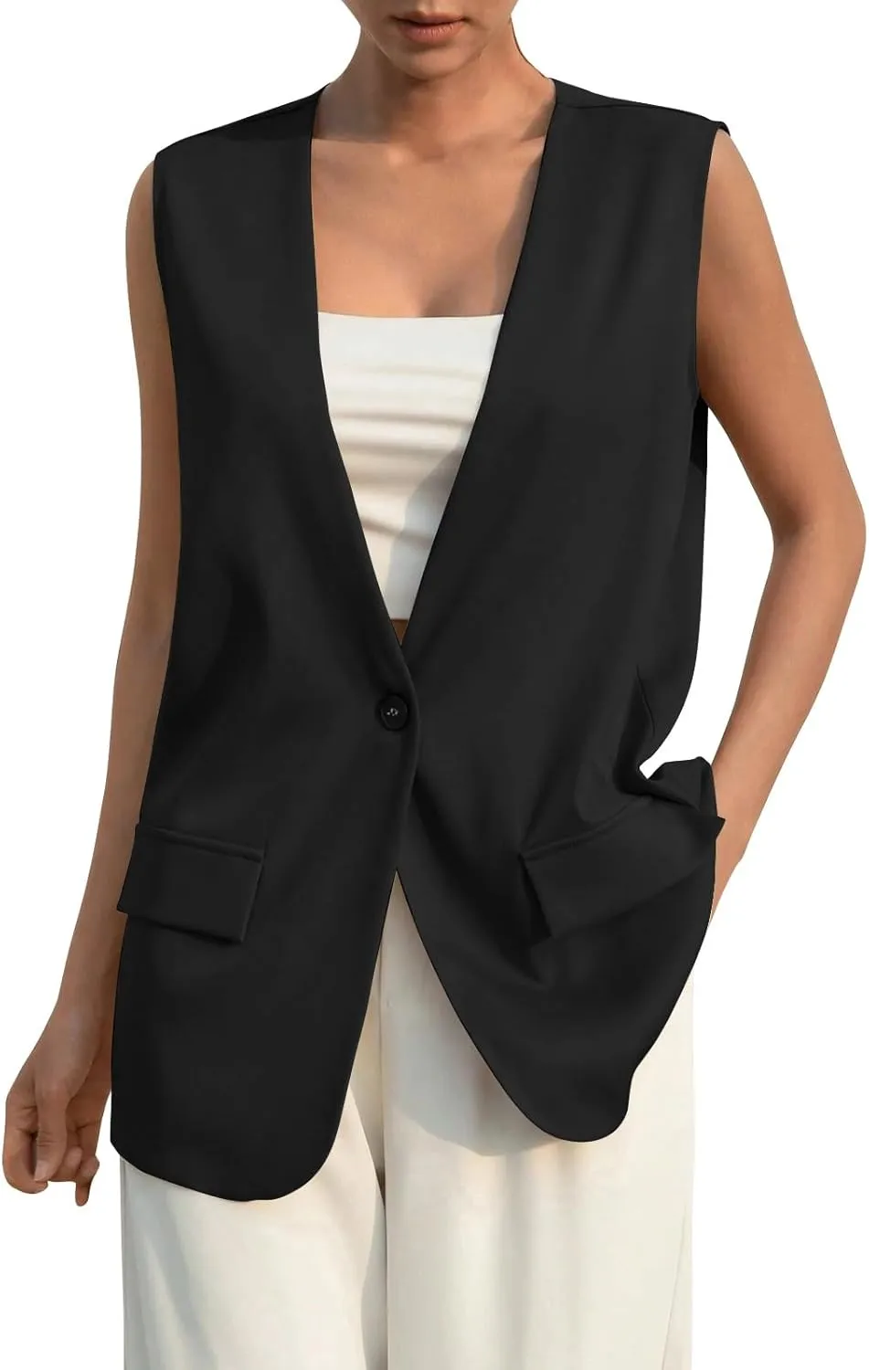 KIKX0DE Women Fall Fashion Sleeveless Blazer Jackets Lightweight Single Button Waistcoat Open Front Work Office Vest Top