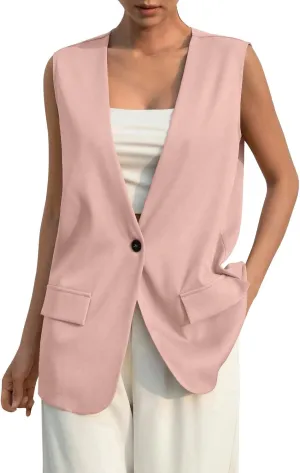 KIKX0DE Women Fall Fashion Sleeveless Blazer Jackets Lightweight Single Button Waistcoat Open Front Work Office Vest Top