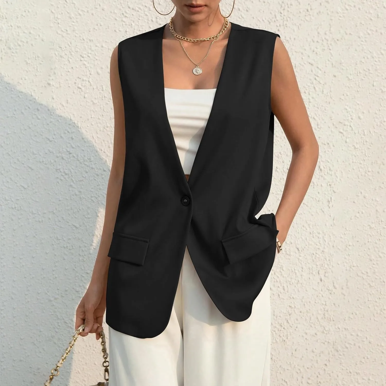 KIKX0DE Women Fall Fashion Sleeveless Blazer Jackets Lightweight Single Button Waistcoat Open Front Work Office Vest Top