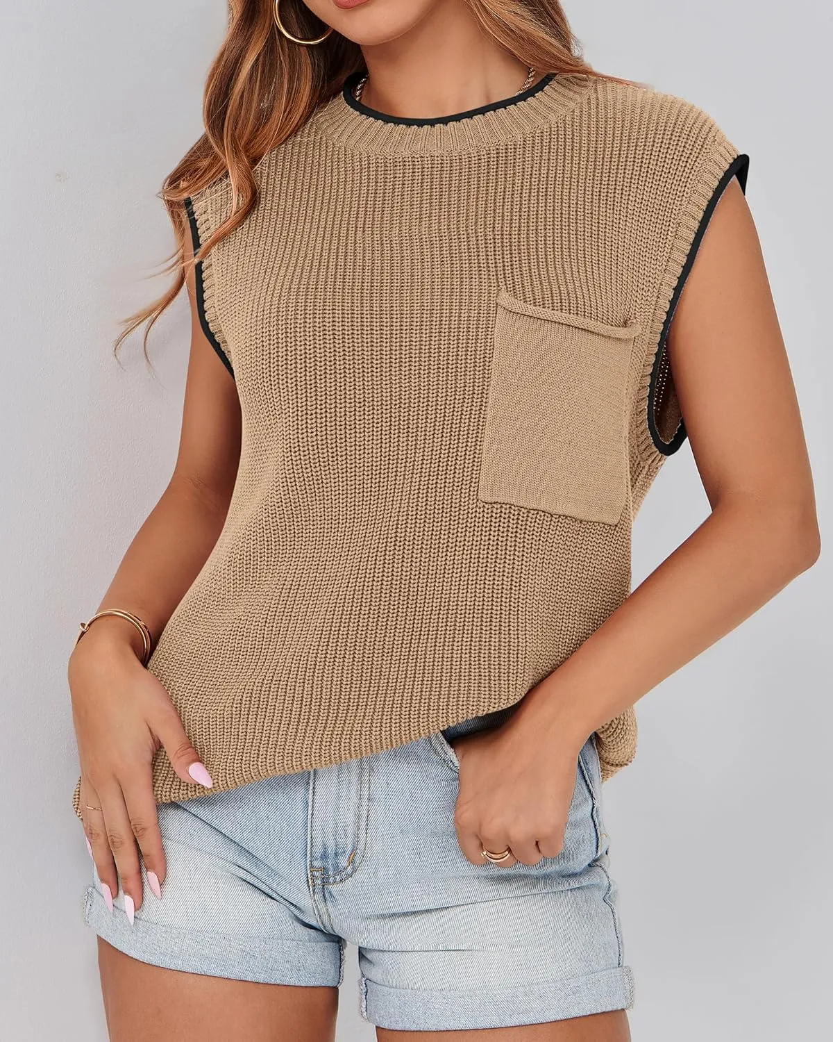KIRUNDO Cap Sleeve Sweater Vest for Women Casual Summer Clothes 2025 Sleeveless Crewneck Ribbed Knit Pullover Tank Tops